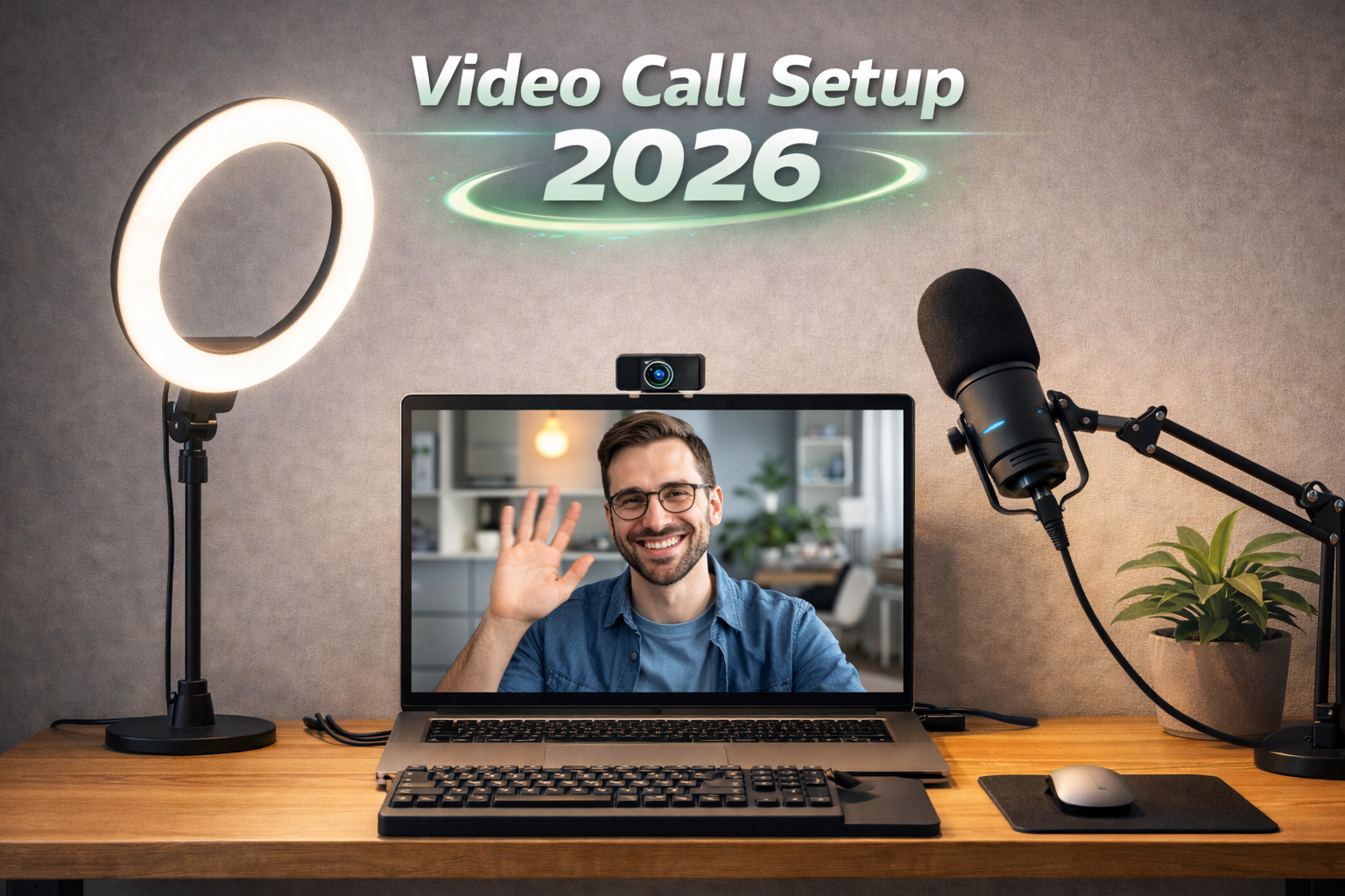 Video call setup with webcam, ring light, and microphone