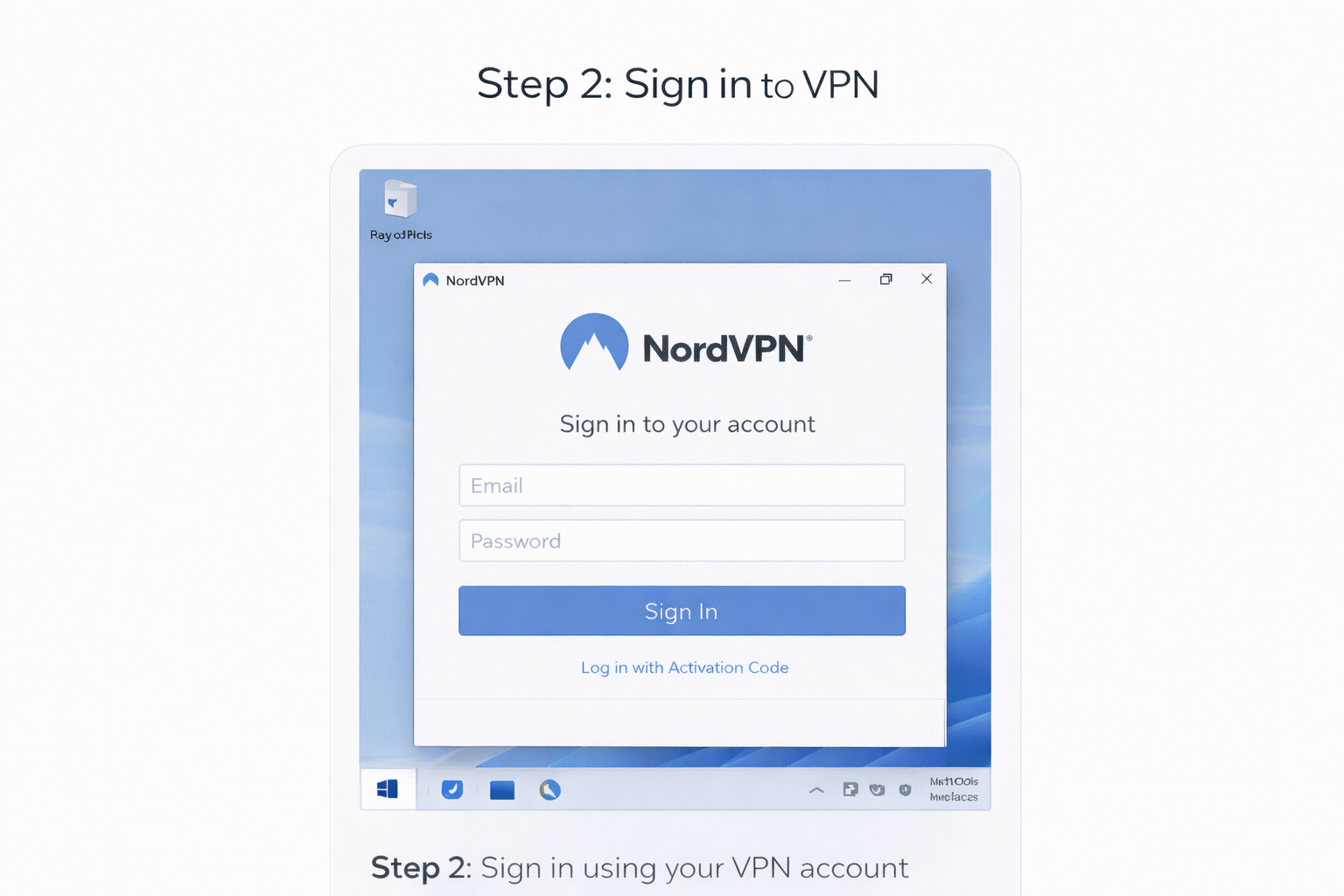 VPN app login screen on desktop