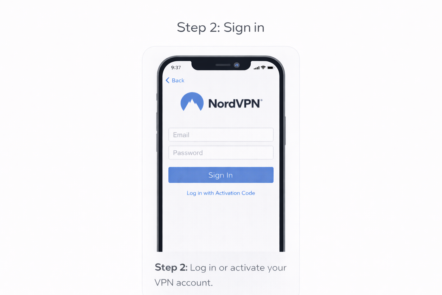 VPN app login screen on mobile phone