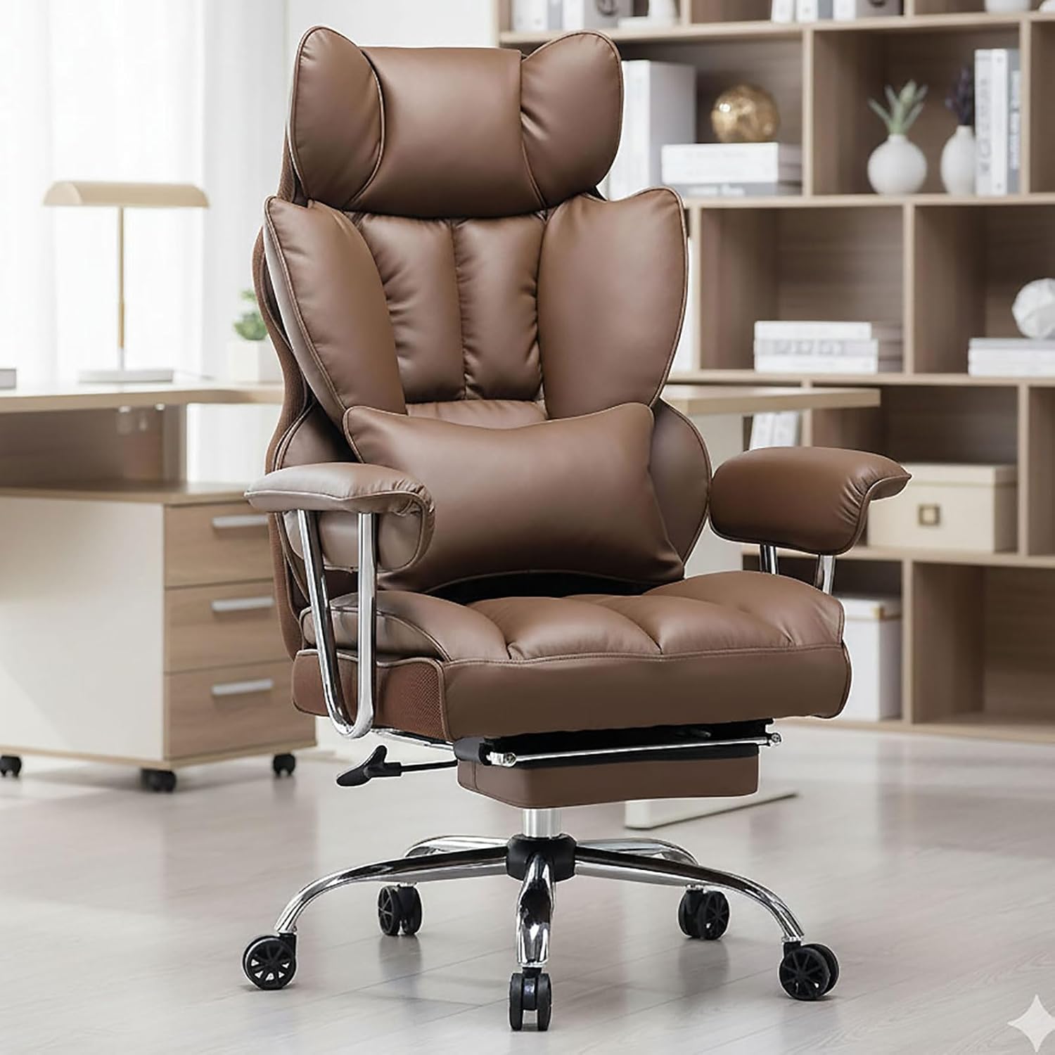 Efomao desk office chair 400LBS in brown faux leather with leg rest