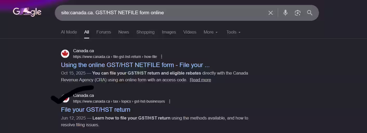 Google search for CRA GST/HST NETFILE form