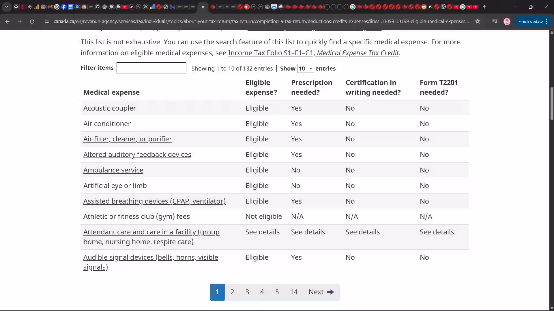 Example of a filter box on a list page