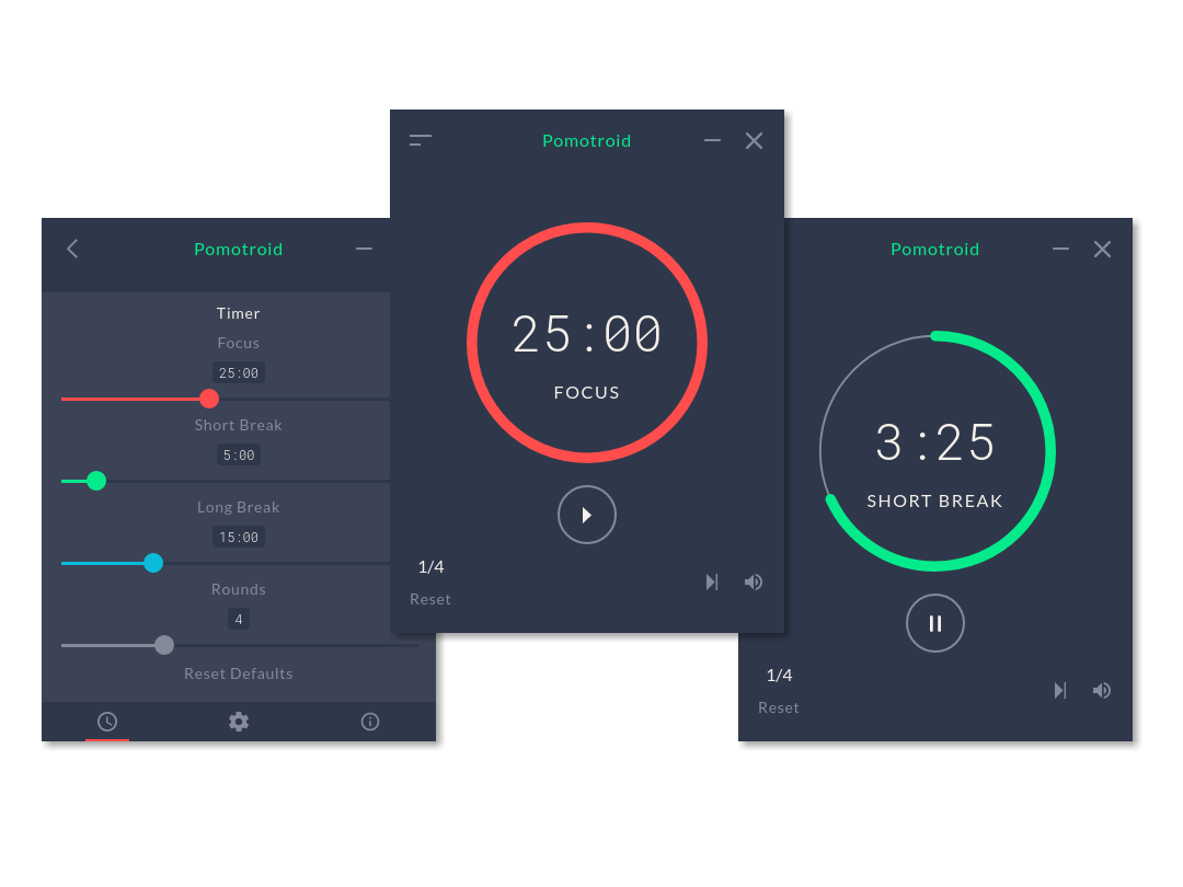 Pomodoro timer app screens